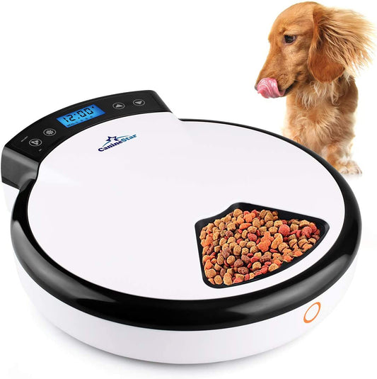 5-Meals Automatic Cat Feeder Auto Pet Feeder with Digital Timer Dry Wet Food Dispenser Voice Recorder & Speaker for Cat and Small Dog by Caninestar