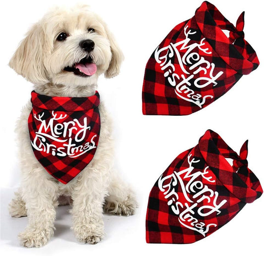 2 Pack Dog Christmas Bandana, Classical Buffalo Plaid Pet Bandana, Reversible Scarf Triangle Bibs Kerchief Set (2 Pack, Red&Red, Merry Chrismas Pattern)